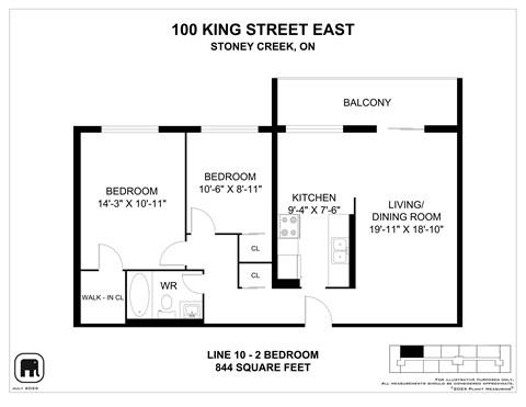 A floor plan for a home at 100 King Street East shows two bedrooms, a balcony, a kitchen, a living/dining room, and a walk-in closet.
